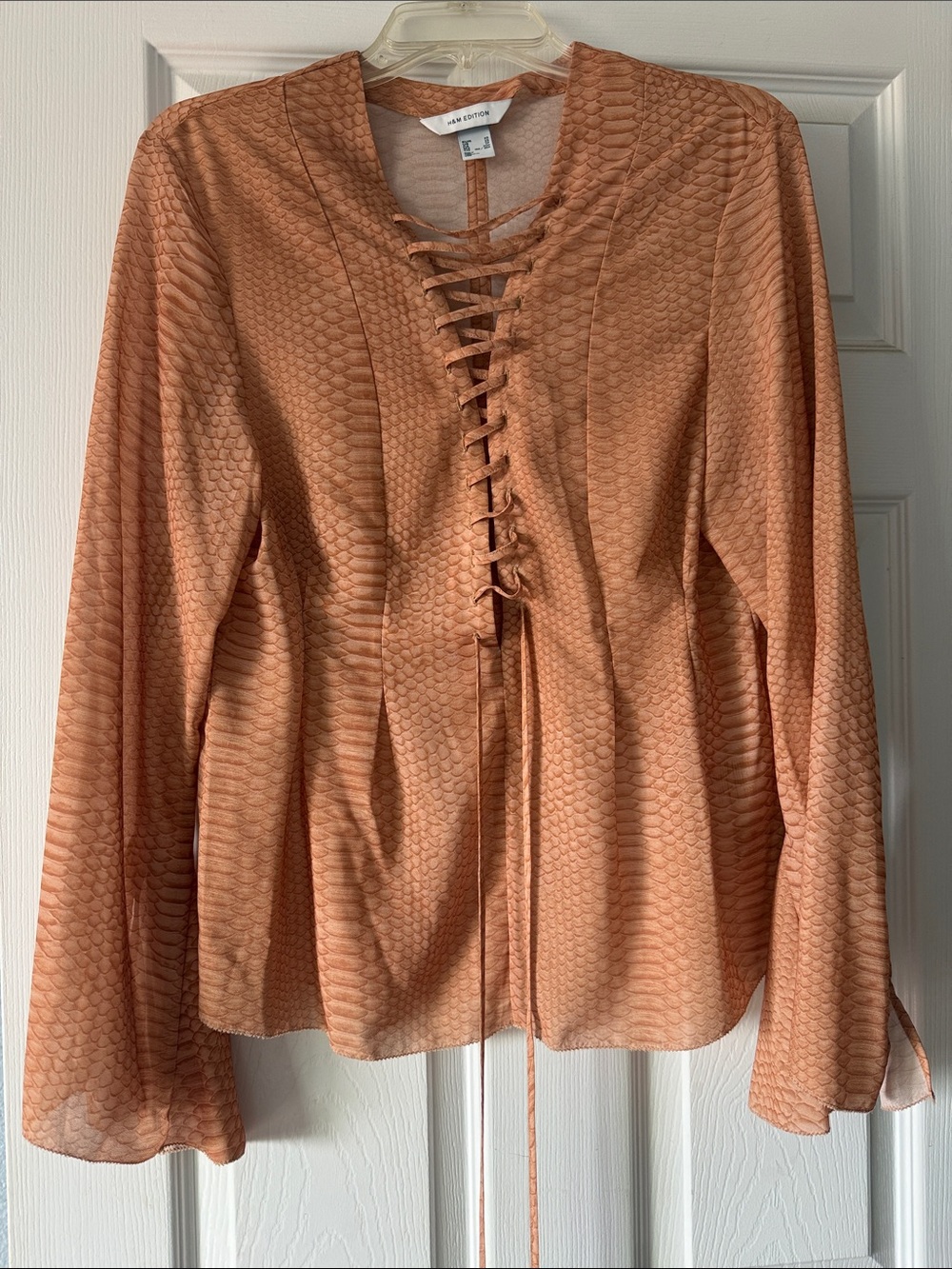 H&M Edition Wayf Lace-Up Long Sleeve Blouse in brown.